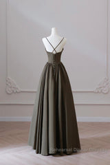 Olive Green Spaghetti Strap Satin Long Semi Formal Prom Dress, A-Line V Neck Party Dress