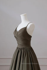 Olive Green Spaghetti Strap Satin Long Semi Formal Prom Dress, A-Line V Neck Party Dress