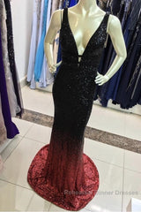 Ombre Mermaid V-Neck Court Train Semi Formal Prom Sequins Dresses
