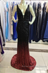 Ombre Mermaid V-Neck Court Train Semi Formal Prom Sequins Dresses