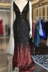 Ombre Mermaid V-Neck Court Train Semi Formal Prom Sequins Dresses