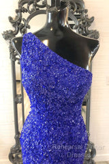 One Shouder Royal Blue Semi Formal Prom Dresses Long Sequin Evening Dress