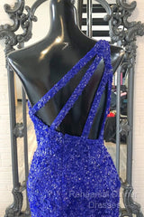 One Shouder Royal Blue Semi Formal Prom Dresses Long Sequin Evening Dress