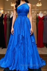 One Shoulder Backless Blue Chiffon Long Semi Formal Prom Dresses, Beaded Blue Long Formal Evening Dresses