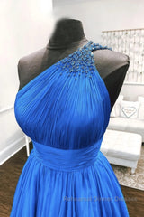 One Shoulder Backless Blue Chiffon Long Semi Formal Prom Dresses, Beaded Blue Long Formal Evening Dresses