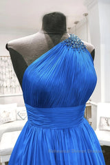 One Shoulder Backless Blue Chiffon Long Semi Formal Prom Dresses, Beaded Blue Long Formal Evening Dresses