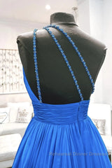 One Shoulder Backless Blue Chiffon Long Semi Formal Prom Dresses, Beaded Blue Long Formal Evening Dresses
