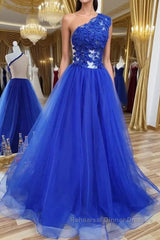 One Shoulder Backless Royal Blue Lace Long Semi Formal Prom Dresses, Royal Blue Lace Formal Dresses, Backless Royal Blue Evening Dresses