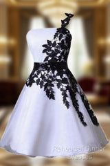 One Shoulder Black Lace Cute Short Homecoming/Semi Formal Prom Dresses