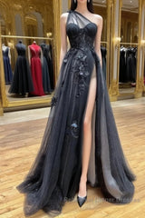 One Shoulder Black Lace Semi Formal Prom Dresses, One Shoulder Black Lace Formal Evening Dresses