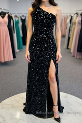 One Shoulder Black Sequins Mermaid Long Semi Formal Prom Dresses, Black Sequins Mermaid Long Semi Formal Prom Dresses