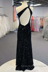 One Shoulder Black Sequins Mermaid Long Semi Formal Prom Dresses, Black Sequins Mermaid Long Semi Formal Prom Dresses