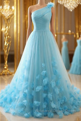One Shoulder Blue 3D Flowers Long Semi Formal Prom Dresses, Blue Floral Formal Evening Dresses