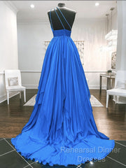 One Shoulder Blue Backless Long Semi Formal Prom Dresses, Open Back Blue Long Formal Evening Dresses