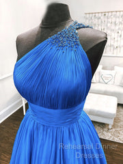 One Shoulder Blue Backless Long Semi Formal Prom Dresses, Open Back Blue Long Formal Evening Dresses