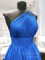 One Shoulder Blue Backless Long Semi Formal Prom Dresses, Open Back Blue Long Formal Evening Dresses