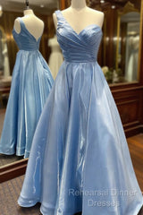 One Shoulder Blue Satin Long Semi Formal Prom Dresses, One Shoulder Blue Long Formal Evening Dresses