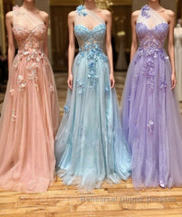 One Shoulder Floral Long Semi Formal Prom Dresses, Formal Graduation Evening Dresses