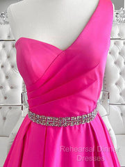 One Shoulder Hot Pink Semi Formal Prom Dresses, Hot Pink One Shoulder Formal Evening Dresses