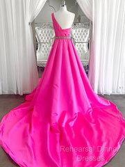 One Shoulder Hot Pink Semi Formal Prom Dresses, Hot Pink One Shoulder Formal Evening Dresses
