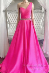 One Shoulder Hot Pink Semi Formal Prom Dresses, Hot Pink One Shoulder Formal Evening Dresses