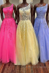One Shoulder Lace Long Semi Formal Prom Dresses, Lace Formal Evening Dresses