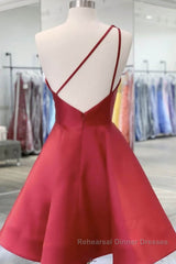 One Shoulder Open Back Burgundy Floral Short Semi Formal Prom Dresses, Wine Red Floral Formal Evening Homecoming Dresses