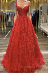 One Shoulder Open Back Red Lace Long Semi Formal Prom Dresses, Sweetheart Neck Red Lace Formal Dresses, Red Evening Dresses