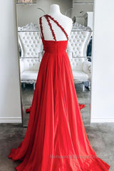 One Shoulder Open Back Red Long Semi Formal Prom Dresses, Backless Red Formal Dresses, Red Evening Dresses