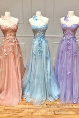 One Shoulder Pink/Blue/Purple Lace Floral Long Semi Formal Prom Dresses