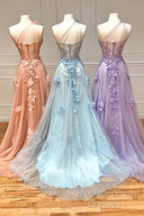 One Shoulder Pink/Blue/Purple Lace Floral Long Semi Formal Prom Dresses