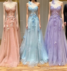 One Shoulder Pink/Blue/Purple Lace Floral Long Semi Formal Prom Dresses