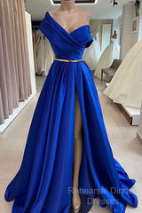 One Shoulder Royal Blue Floor Length Semi Formal Prom Dress With High Slit, High Slit Royal Blue Long Formal Evening Dresses