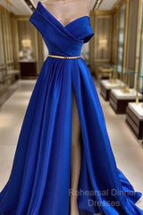 One Shoulder Royal Blue Floor Length Semi Formal Prom Dress With High Slit, High Slit Royal Blue Long Formal Evening Dresses