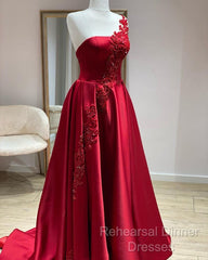 One Shoulder Satin Floor Length Semi Formal Prom Dresses Appliques