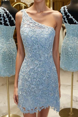 One Shoulder Short Lace Semi Formal Prom Dresses, Short Lace Formal Homecoming Dresses