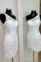 One Shoulder Short Lace Semi Formal Prom Dresses, Short Lace Formal Homecoming Dresses