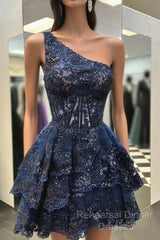 One Shoulder Short Navy Blue Lace Semi Formal Prom Dresses, One Shoulder Short Navy Blue Formal Homecoming Dresses