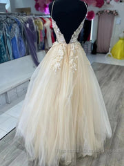 Open Back Appliques A Line V Neck Champagne Semi Formal Prom Dress
