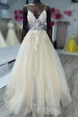 Open Back Appliques A Line V Neck Champagne Semi Formal Prom Dress