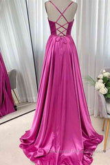 Open Back Fuchsia Satin Ruched Long Semi Formal Prom Dresses, Long Fuchsia Formal Graduation Evening Dresses