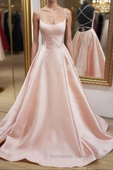 Open Back Pink Satin Long Semi Formal Prom Dresses, Backless Pink Satin Long Formal Evening Dresses