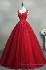 Open Back Red Lace Long Semi Formal Prom Dresses, Red Lace Formal Evening Dresses, Red Ball Gown