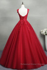 Open Back Red Lace Long Semi Formal Prom Dresses, Red Lace Formal Evening Dresses, Red Ball Gown