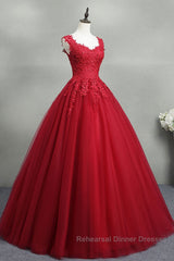 Open Back Red Lace Long Semi Formal Prom Dresses, Red Lace Formal Evening Dresses, Red Ball Gown