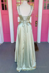 Open Back Sage Satin Long Semi Formal Prom Dresses with High Slit, Long Sage Formal Graduation Evening Dresses