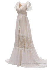 Open Back Short Sleeves V-Neck Lace Beach Wedding Dress