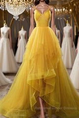 Open Back V Neck High Low Yellow Tulle Long Semi Formal Prom Dresses, High Low Yellow Formal Evening Dresses