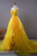 Open Back V Neck High Low Yellow Tulle Long Semi Formal Prom Dresses, High Low Yellow Formal Evening Dresses