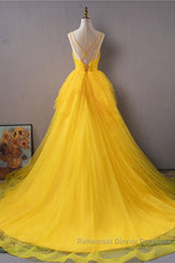 Open Back V Neck High Low Yellow Tulle Long Semi Formal Prom Dresses, High Low Yellow Formal Evening Dresses
